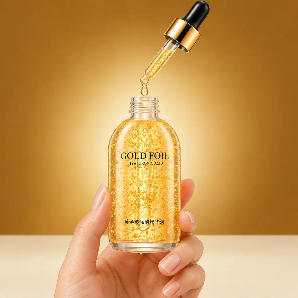 A constructed studio photograph of one hand holding the exact Lunava Gold Foil serum bottle at real
