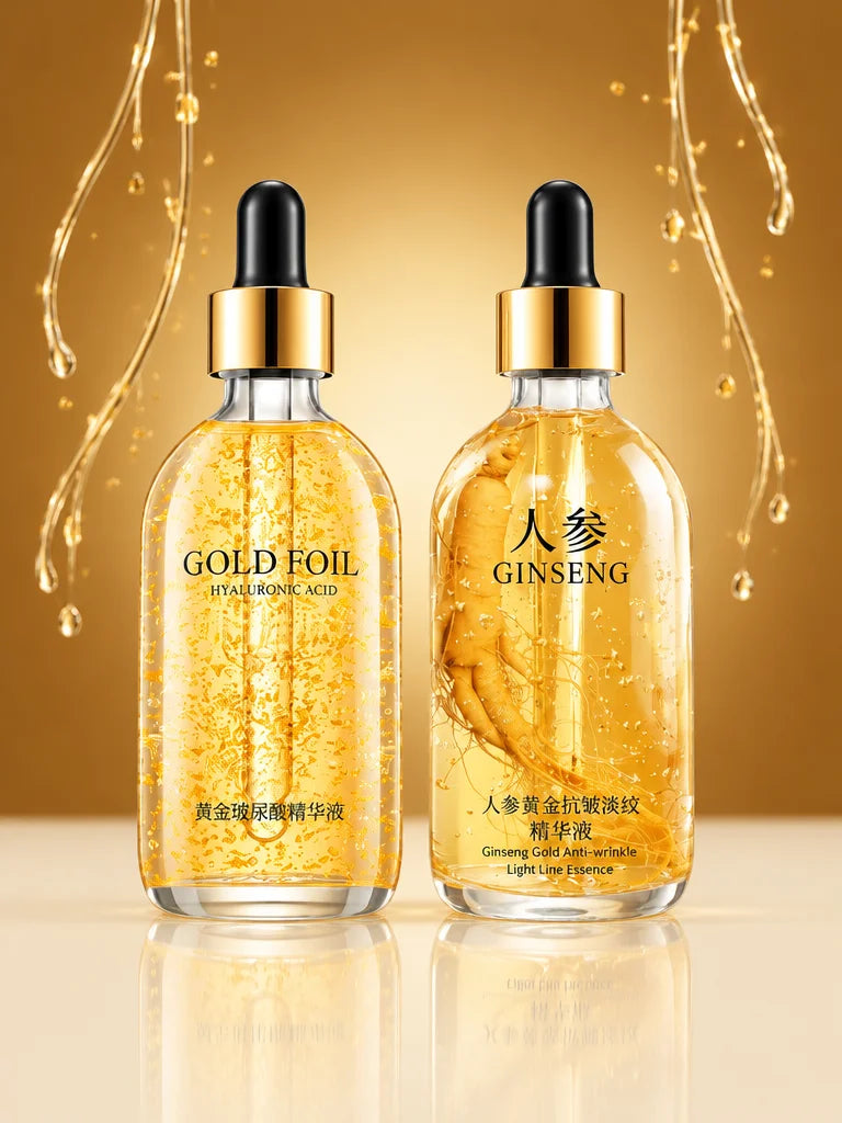 A constructed beauty studio photograph of two exact Lunava serum bottles at the same real scale: the