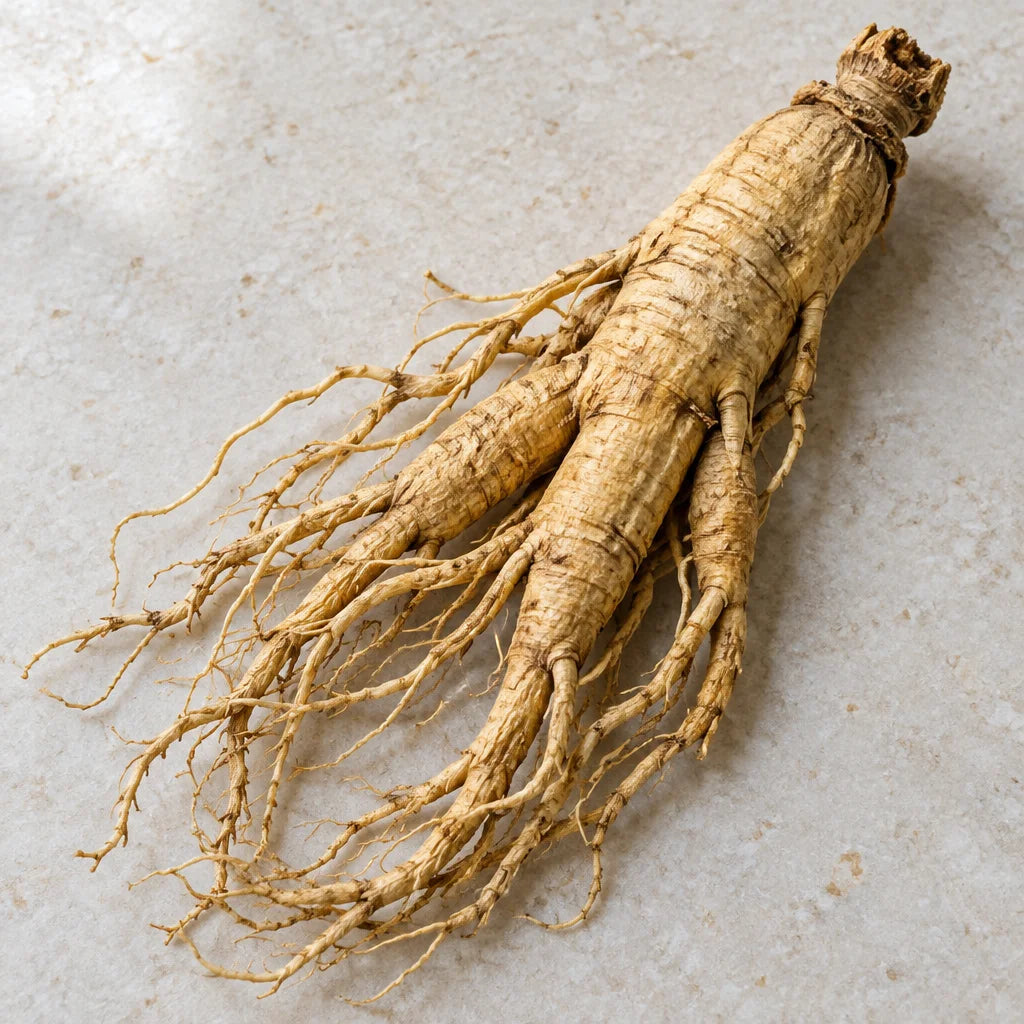 A close macro photograph of one whole dried ginseng root, shown alone on a plain pale stone surface.
