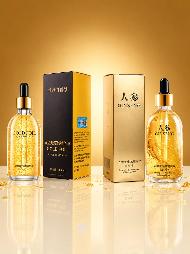 A constructed studio comparison of the two exact serum variants and their cartons: one Gold Foil bot