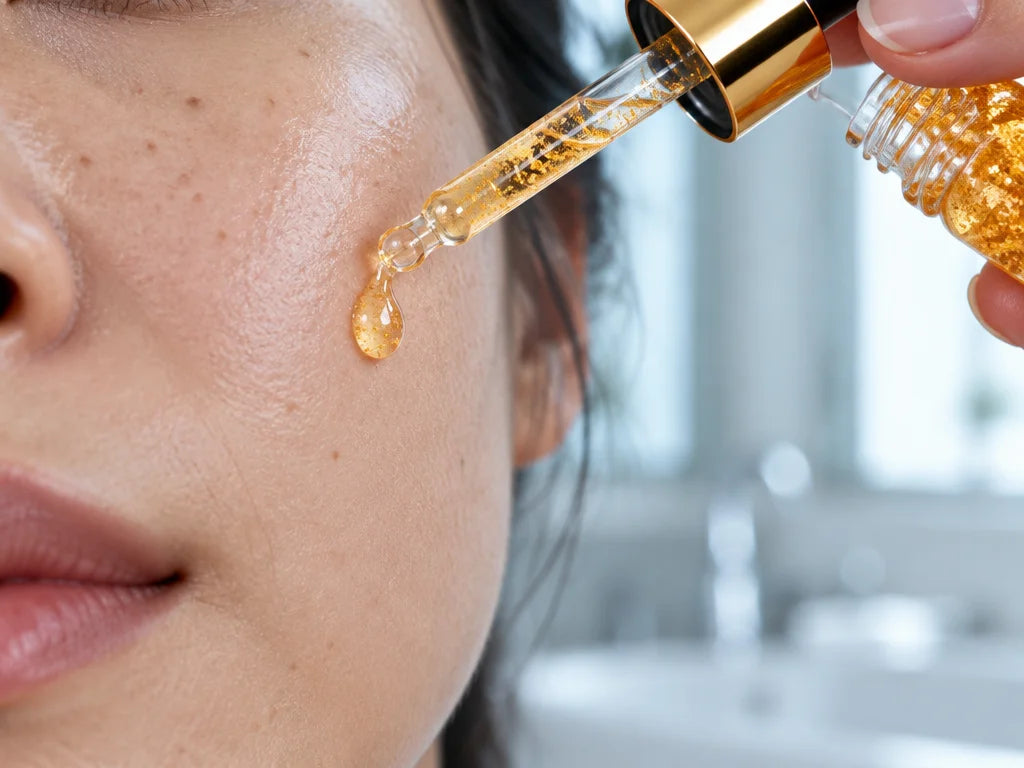 A close macro photograph in a real bathroom of the exact Lunava Gold Foil dropper and bottle neck fr