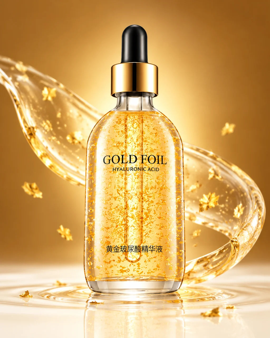 A close, sculptural beauty hero photograph of the exact Lunava Gold Foil hyaluronic serum bottle fro