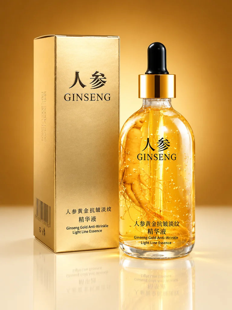 A constructed studio photograph of the exact single Ginseng serum bottle and its gold carton from th