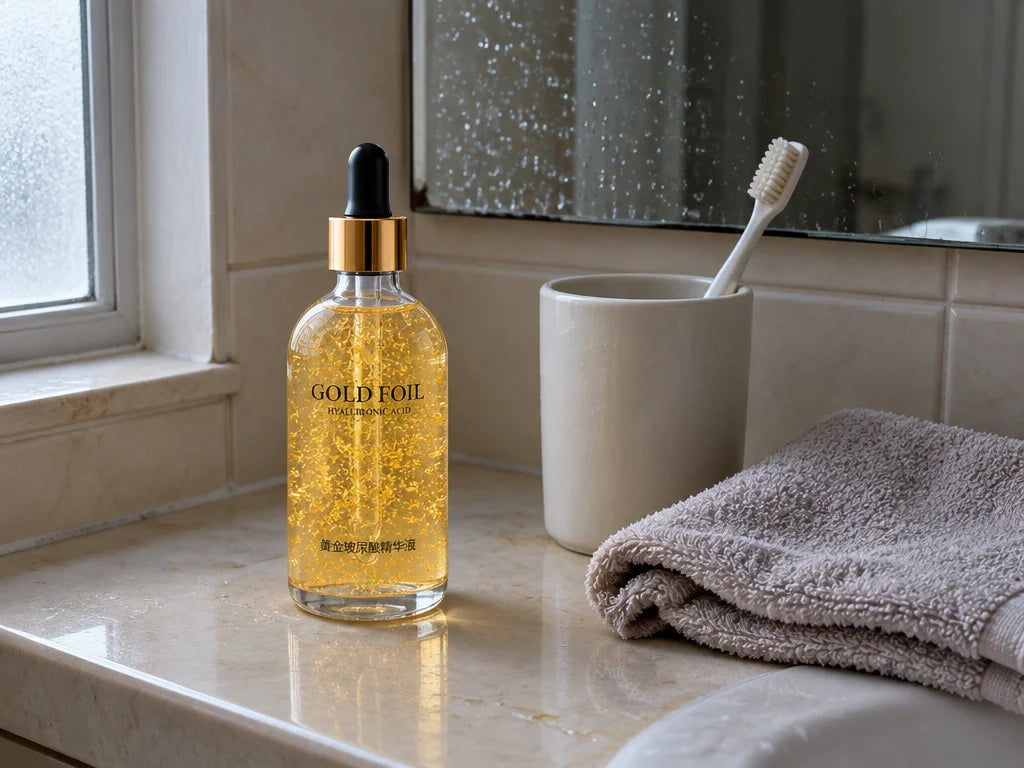 A photograph of a real, modest bathroom ledge in the early morning, with no person in frame. The exa