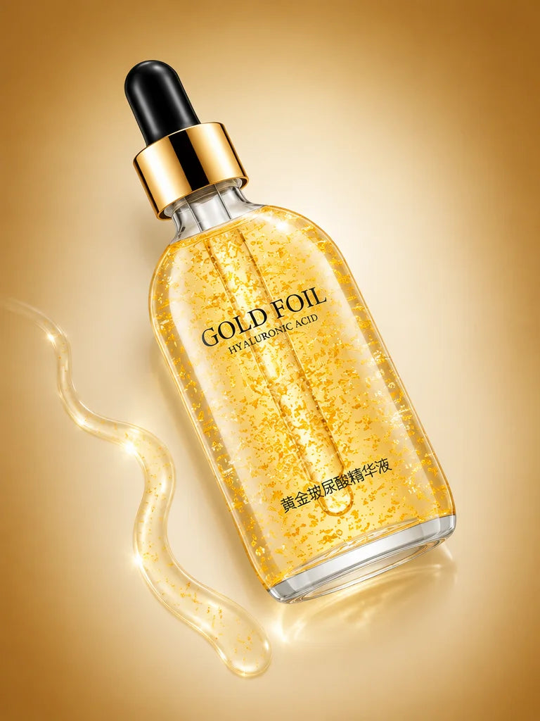 A constructed studio photograph from directly overhead: one exact Lunava Gold Foil bottle lies diago