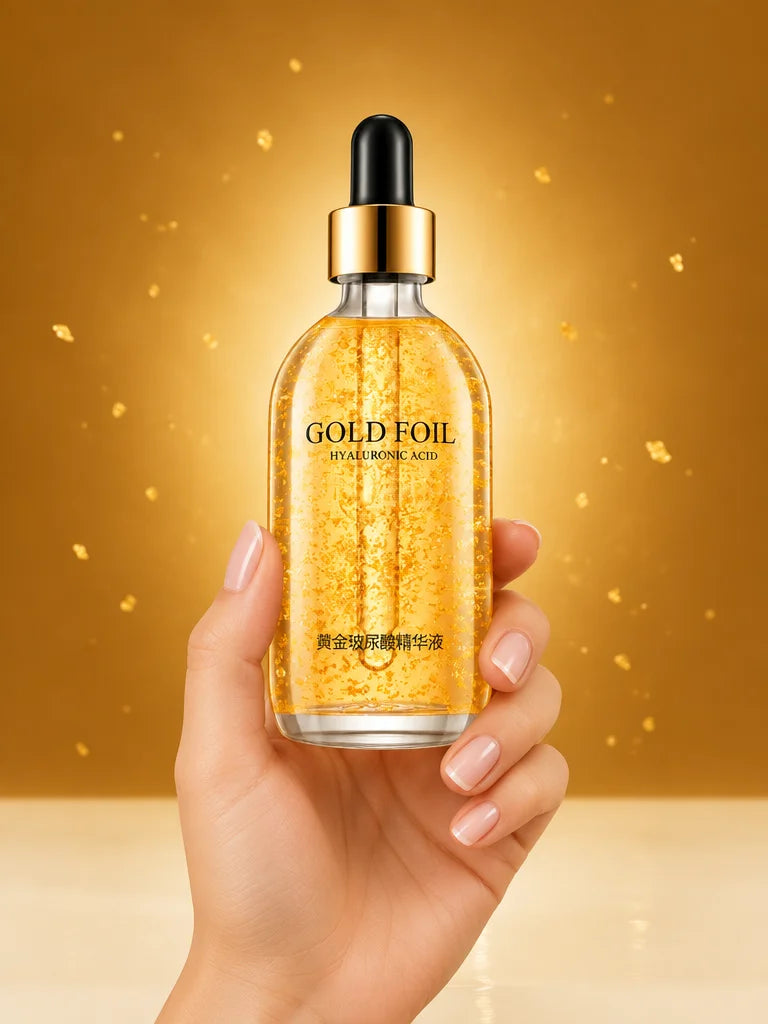 A constructed studio photograph centered on one real-size Lunava Gold Foil serum bottle in a single