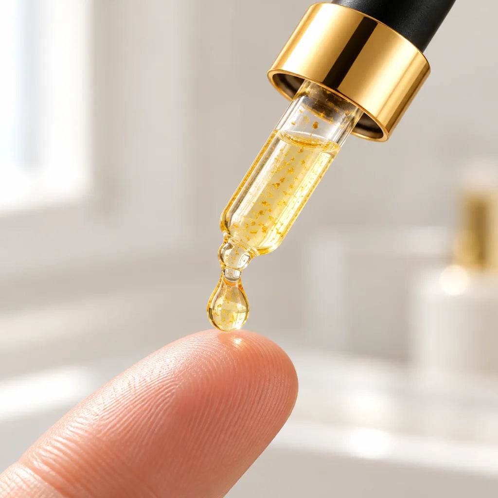 A close macro photograph of the exact Lunava Gold Foil dropper tip above a fingertip, with one small