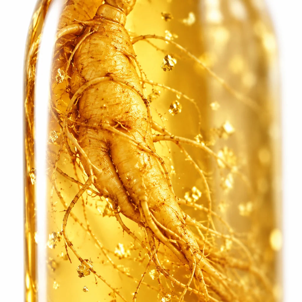 An extreme macro photograph through the clear glass of the exact Ginseng serum bottle from the refer