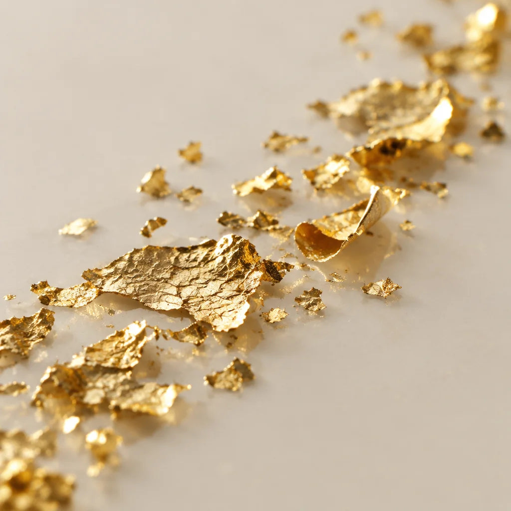 An extreme macro photograph of fine, irregular gold leaf flakes alone, spread in a sparse narrow tra