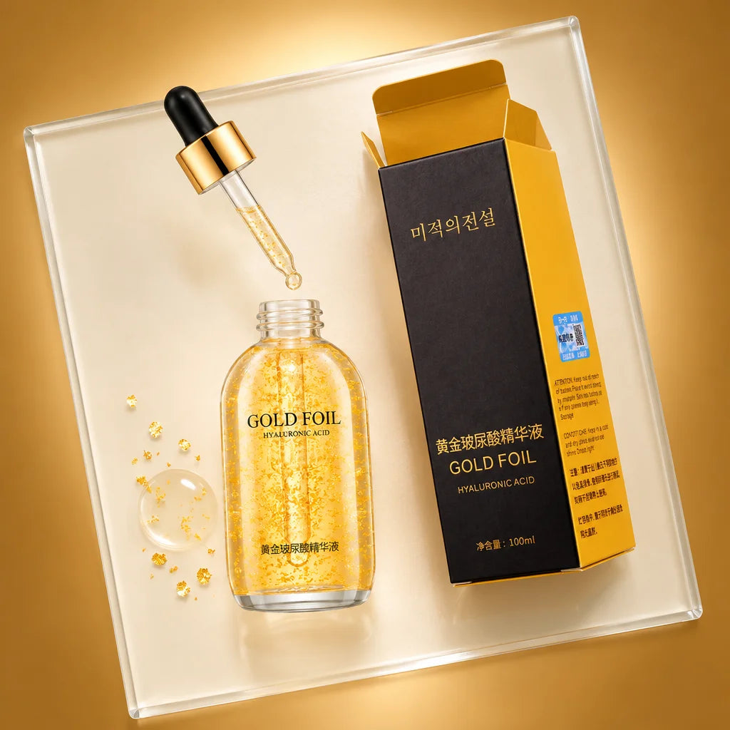 A constructed top-down photograph showing the Gold Foil package opened for use: the exact dark-and-g