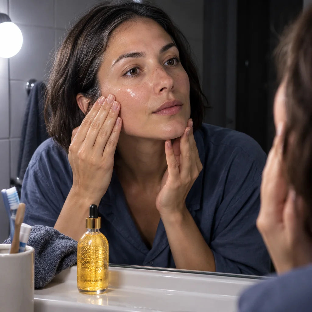 A close photograph in a real German bathroom at night. A 34-year-old German woman with light olive s