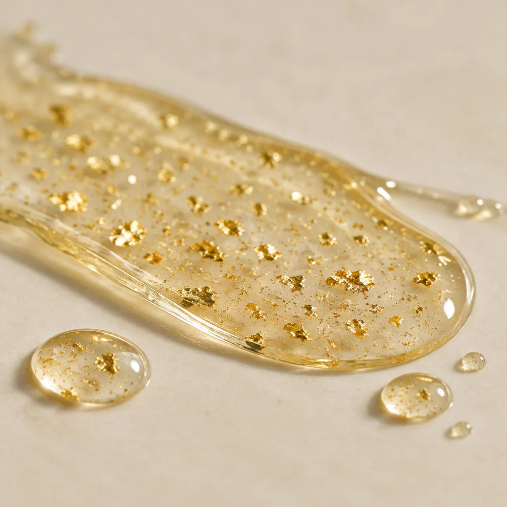 An extreme macro photograph of the Gold Foil serum texture alone, out of its bottle: a thin transluc